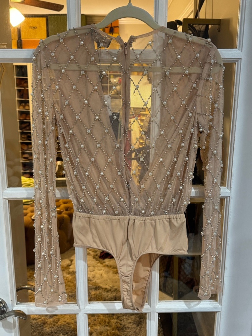 GORGEOUS nude/light pink pearl and silver embellished bodysuit sheer organza - Picture 6 of 6